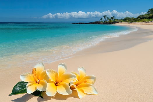 Tropical beach scene with yellow flowers photo