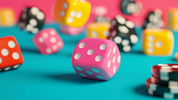 Colorful dice in various shapes and sizes are scattered across a vibrant blue surface, creating a playful atmosphere of chance and excitement in a gaming environment photo