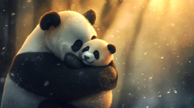 Two adorable pandas, a parent and its cub, are embracing each other in a serene forest setting, surrounded by soft snowfall and warm golden light, showcasing their bond and affection photo