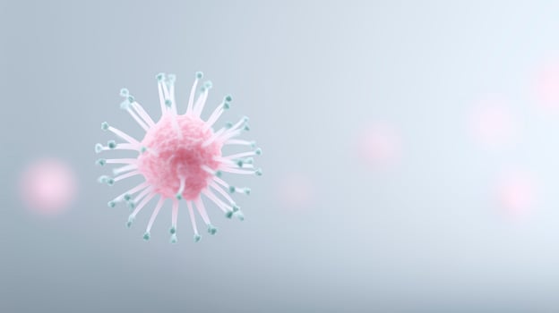 3D illustration of a pink virus cell with protruding spikes, floating in a soft gradient background, representing microscopic life and health-related concepts in a scientific context photo