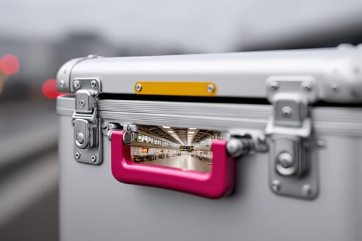 Cross-section of a suitcase revealing interior with small details in an airport setting photo