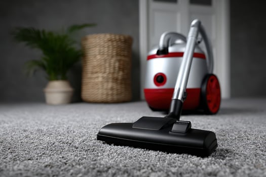 Vacuum cleaner poised on soft carpet near stylish decorative plant basket photo