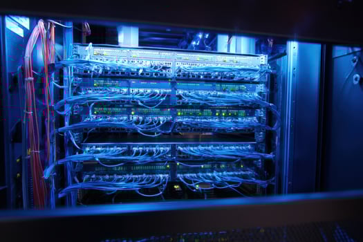 Multiple patch panel connections displayed in a server rack during nighttime operations photo