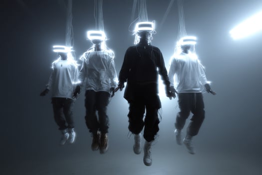 Humans suspended in mid-air wearing glowing headgear perform a captivating art display photo