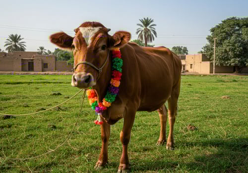 A cow with a garland around its neck photo