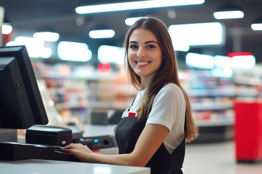 A woman is smiling while working at a cash register photo
