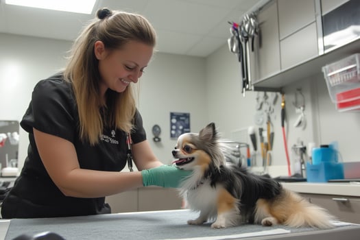 Woman Grooming Small Dog in Veterinary Office photo