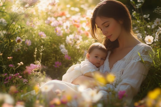 A woman holding her baby in a sunlit meadow of flowers photo