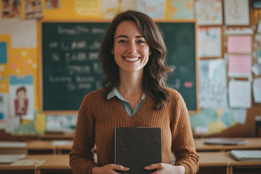 Smiling teacher holding a book in a classroom setting photo