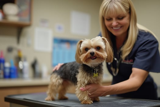 Veterinarian examining a Yorkshire Terrier in a clinic setting photo