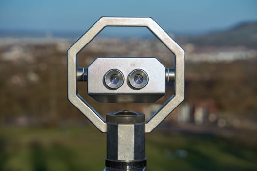 Sightseeing tower viewer, observation binoculars. Binoculars on the observation deck with panoramic views of the city. photo