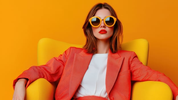 Trendy girl in stylish outfit on bright yellow chair indoor fashion shoot vibrant setting photo