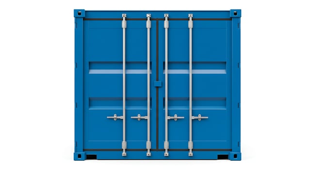 Frontal view of a closed blue shipping container with silver loc photo