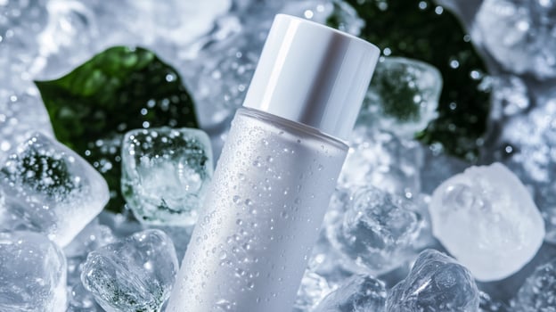 A bottle of liquid is sitting on top of ice photo