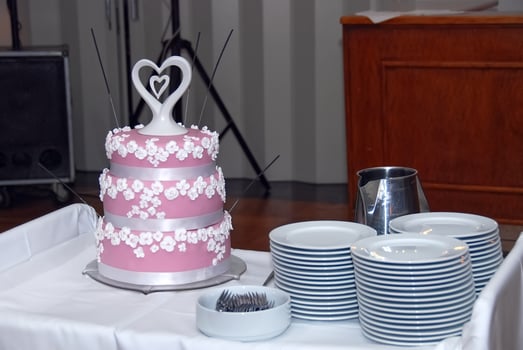 Elegant Pink Wedding Cake with Floral Accents photo