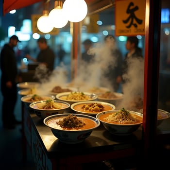 Serving Bowls of Steaming Noodle Soup at Outdoor Street Food Stall photo