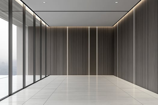 Modern empty room with large windows and wood paneling photo