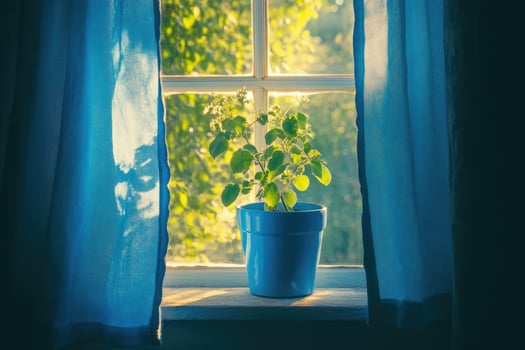 Sunlight streams through window, illuminating small plant on sill photo