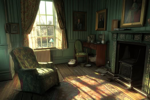 Sunlit antique room with fireplace, portraits, and a view photo