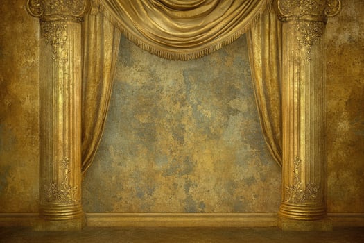Golden columns, opulent drapes, aged wall photo