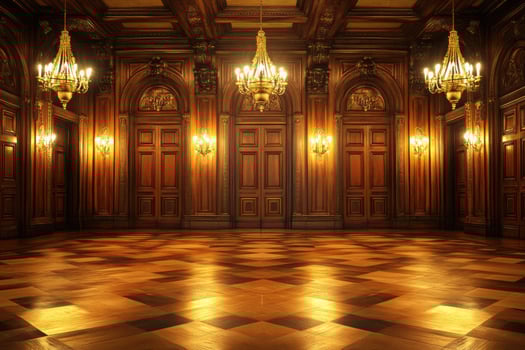 Grand hall of a stately mansion. Ornate wooden walls, chandeliers, and opulent flooring photo