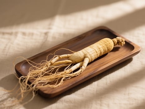 Ginseng roots on a wooden plate photo