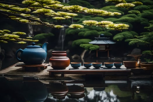 Tea pots and cups sit on a wooden table next to a pond photo
