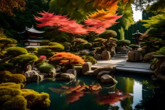 A japanese garden with a pond and trees photo
