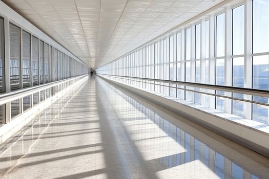 Empty modern corridor with large windows photo