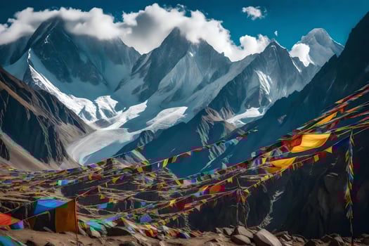 Colorful flags are hanging in the mountains photo