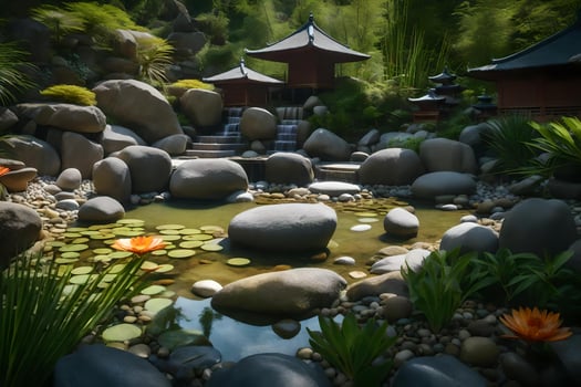 A japanese garden with rocks and water lilies photo