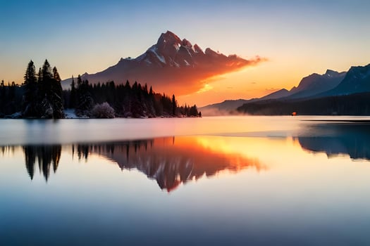 A mountain range is reflected in a lake at sunset photo