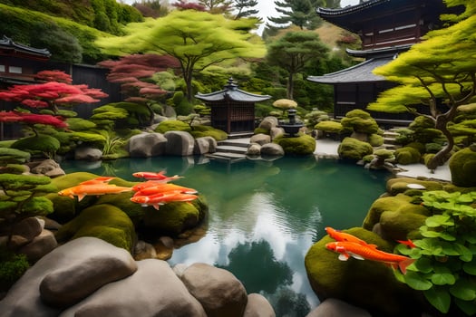 Koi fish in a pond in a japanese garden photo