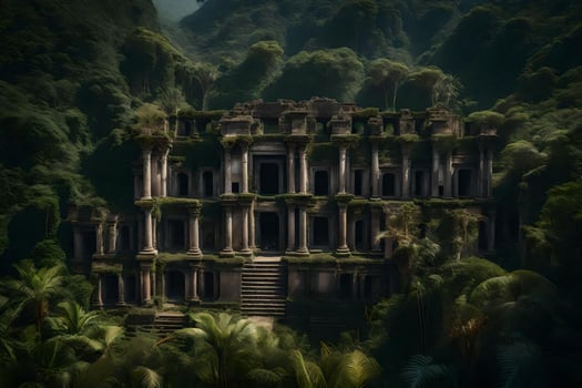 A ruined building in the jungle with trees and plants photo