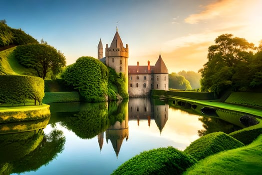Beautiful castle in the middle of a lush green park photo