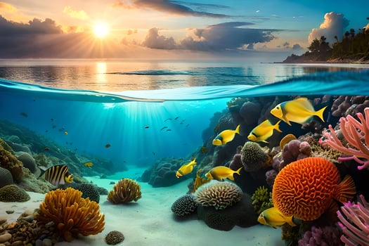 The sun is shining over a coral reef and fish photo