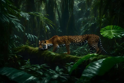 A jaguar walking through the jungle photo