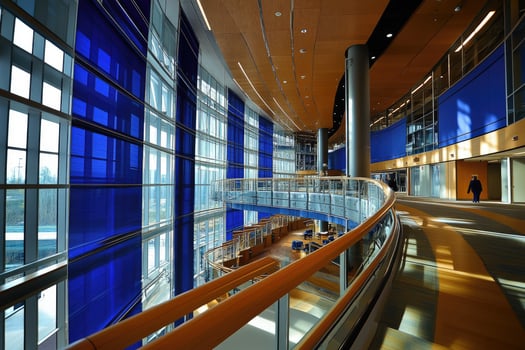 Modern, airy interior with curved walkways, large windows, and blue accents photo