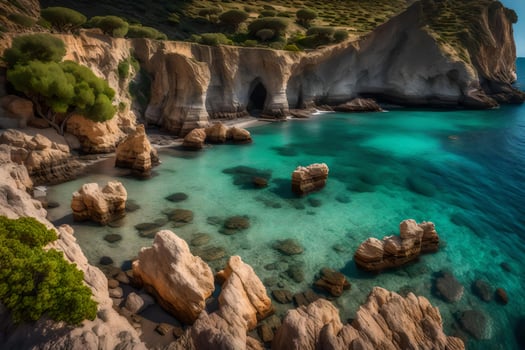 The beach and rocky cliffs of a beach in greece photo