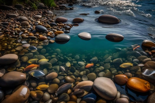 Rocks and water in the ocean with a blue sky photo