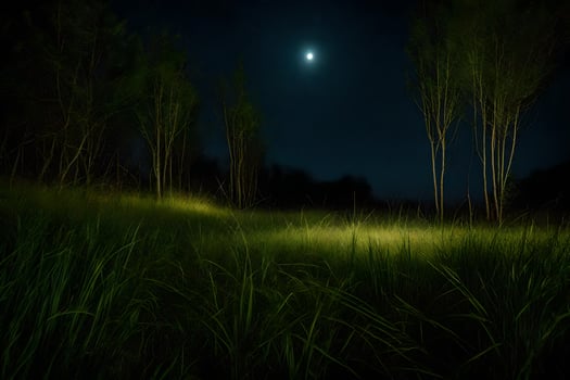 A field with tall grass and trees at night photo