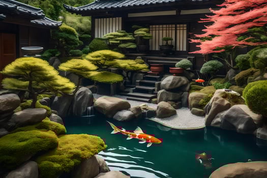 A japanese garden with a pond and koi fish photo