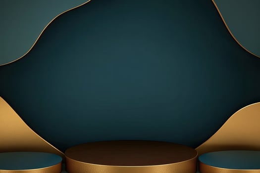 Elegant dark backdrop with gold accents and round podiums photo