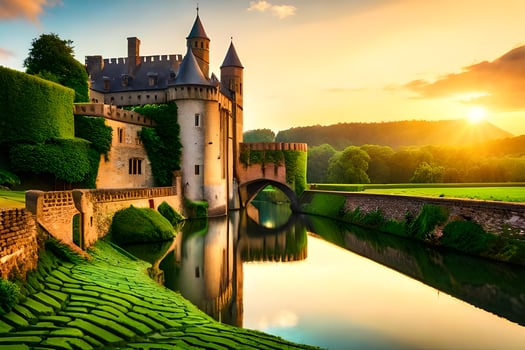 The sun sets over a castle in france photo