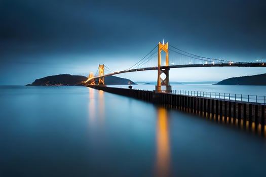 A long exposure photograph of a bridge over water photo