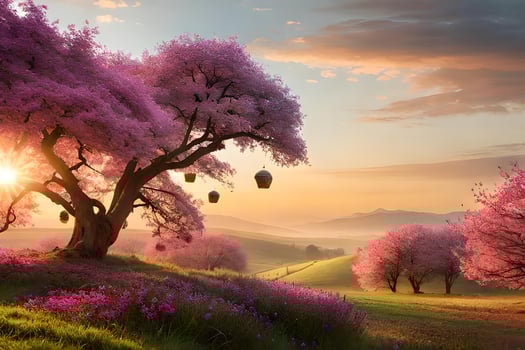A beautiful pink tree with flowers in the foreground photo