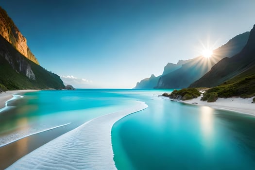 The sun shines over a beach and mountains photo