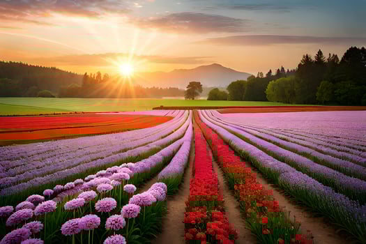 A field of flowers at sunset photo