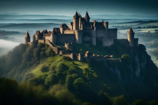 A castle sits on top of a hill surrounded by trees photo