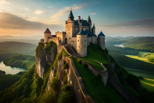 The castle is perched on top of a hill in the middle of a valley photo